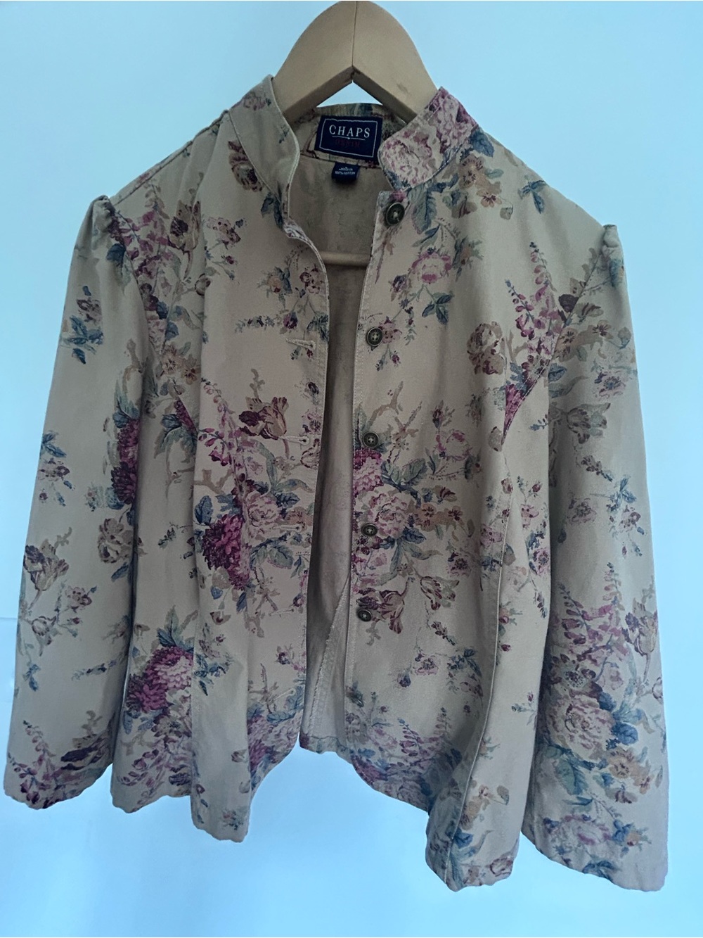 Chaps Beige Floral Button-Front Jacket with Mandarin Collar